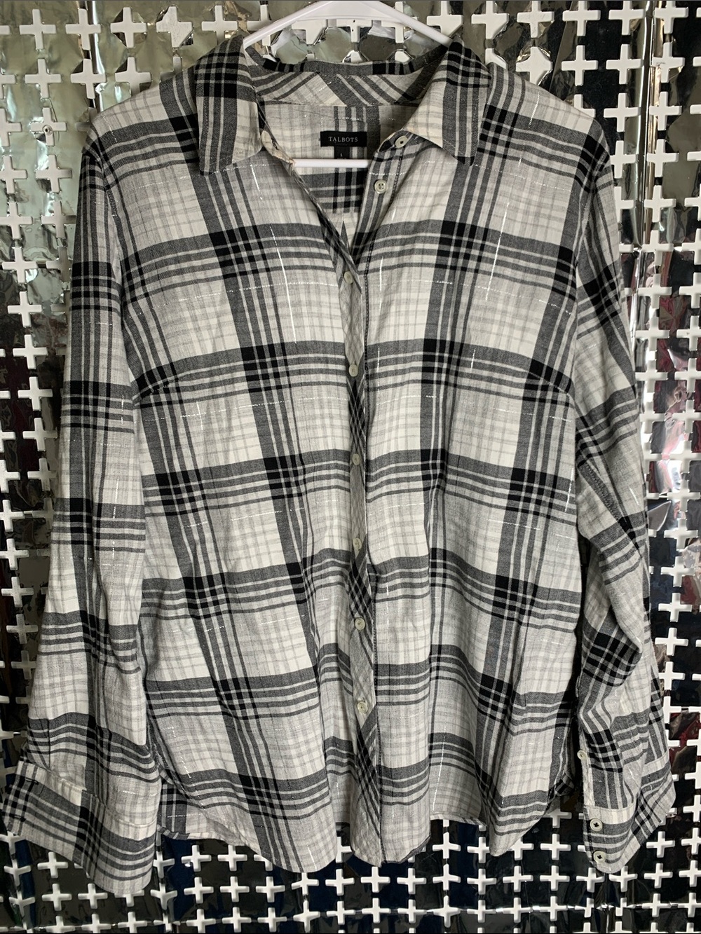 Talbots Black and White Plaid Long-Sleeve Button-Up Shirt